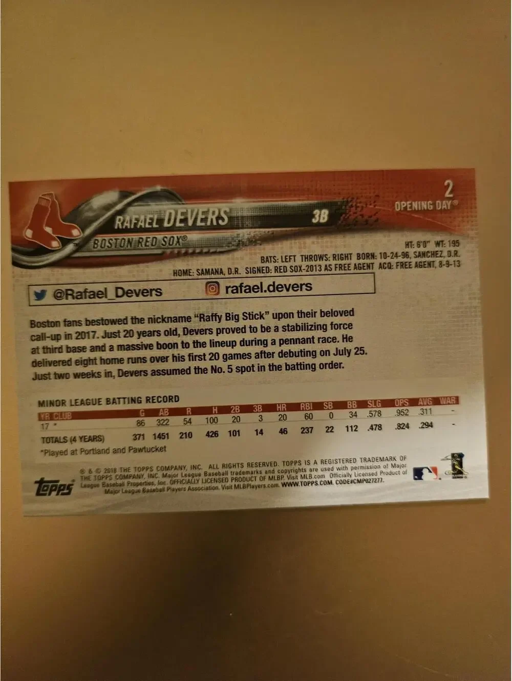 2018 Topps Opening Day Baseball #2 Rafael Devers Rookie Card -RAW Mint - Picture 2 of 2